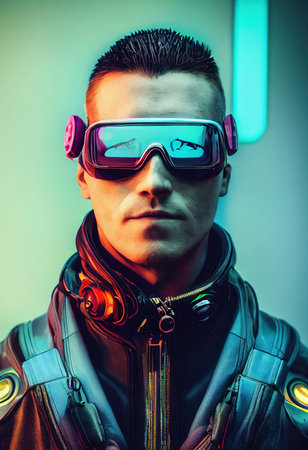 Portrait of a sci-fi cyberpunk man. High-tech futuristic man from the future. The concept of virtual reality and cyberpunk. Generative AI.の素材