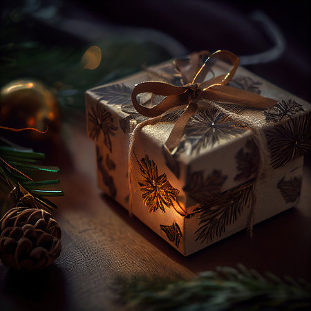 Christmas gifts on festive background. Boxes of gifts on the table. Christmas atmosphere. Generative AIの素材