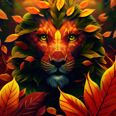Portrait of a beautiful lion with a red mane surrounded by autumn leaves. A drawn lion with a thick mane. Generative AIの素材