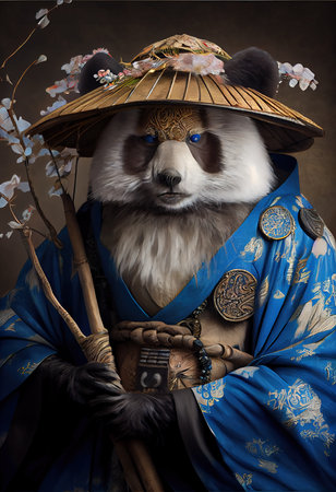 Portrait of an ancient samurai warrior panda in ancient warrior armor. The concept of the ancient brave warrior. Generative AIの素材