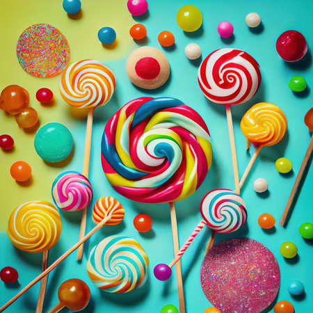 Colorful lollipops and candy. An assortment of delicious candies. Generative AI.の素材