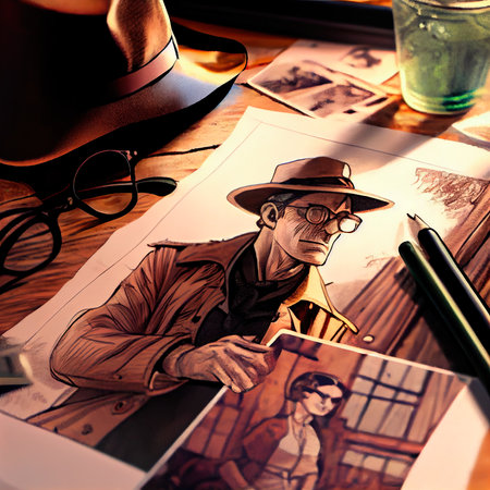 A top view of the artists workstation with samples of drawings and pencils. Artist at work. Generative AI.の素材