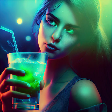 An abstract portrait of a beautiful fictional girl with a cocktail. A fashionable pretty woman. Creative pretty girl. Generative AI.の素材