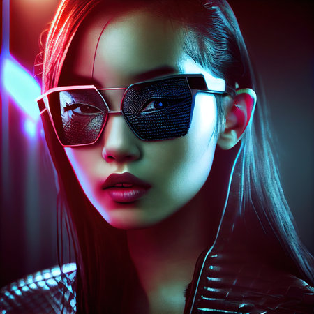 Portrait of a beautiful female secret agent in a black leather jacket. A young beautiful woman as a secret agent. Generative AIの素材