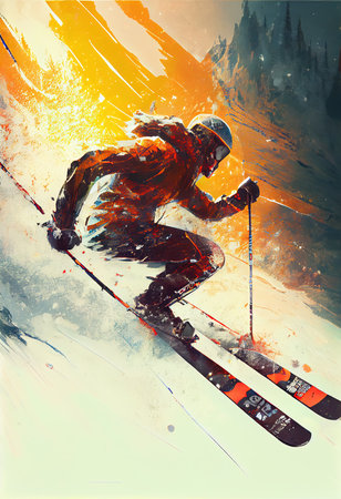 A skier descends a snowy mountain at great speed. skiing in the snowy mountains. Generative AIの素材