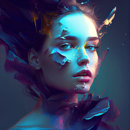 Abstract portrait of a beautiful fictional girl. Fashionable cute woman. Creative beautiful girl. Generative AIの素材