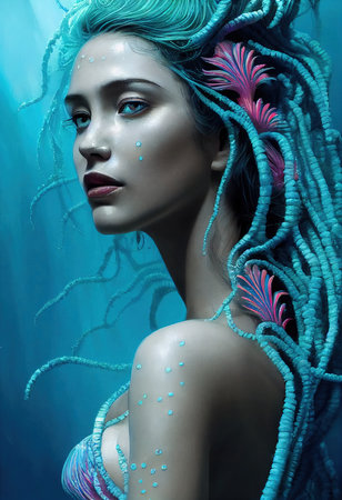 Abstract portrait of a beautiful fictional girl. Fashionable cute woman. Creative beautiful girl. Generative AIの素材