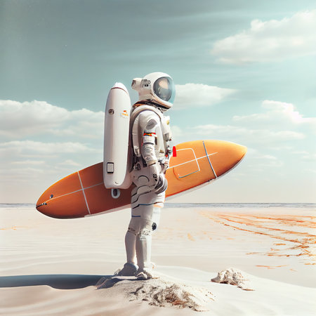An astronaut with a surfboard. A high-tech astronaut from the future. The concept of space travel. Generative AIの素材