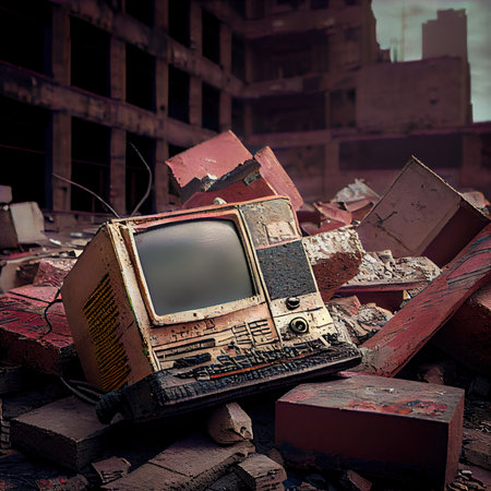 An old TV lying on the ruins of a house. A post-apocalyptic ruined city. Destroyed buildings, mountains of rubble and debris. The concept of the apocalypse. Generative AIの素材