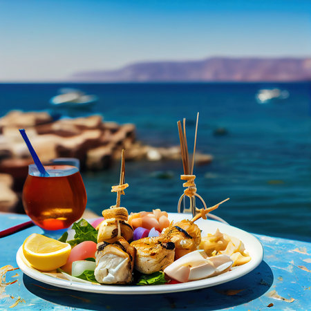 An assortment of Greek dishes with the sea and the sunny sky as a backdrop. Generative AI,の素材