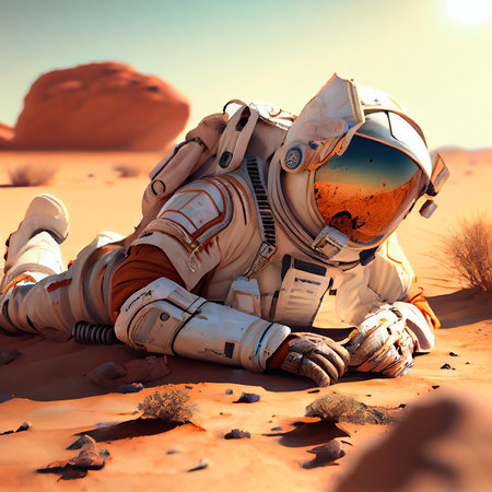 An astronaut on an alien planet. A high-tech astronaut from the future. The concept of space travel. Generative AIの素材