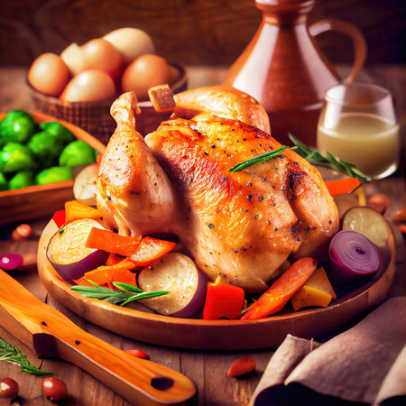 Christmas delicious juicy turkey. Holiday traditional dishes for Christmas or Thanksgiving. Generative AI.の素材