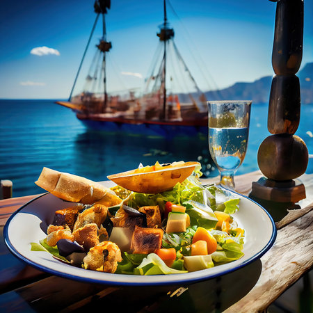 An assortment of Greek dishes with the sea and the sunny sky as a backdrop. Generative AI,の素材