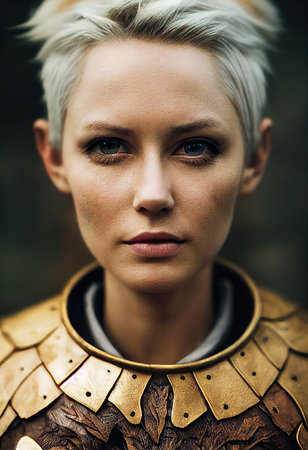 A fictional person, not based on a real person. Portrait of an ancient female warrior in ancient warrior armor. The concept of an ancient brave warrior. Generative AI.の素材