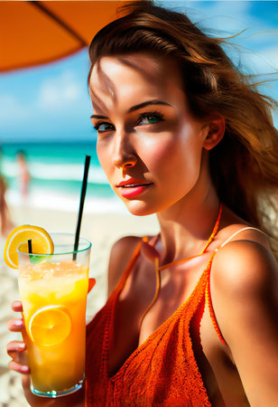 A fictional person, not based on a real person. An abstract portrait of a beautiful fictional girl with a cocktail. A fashionable pretty woman. Creative pretty girl. Generative AIの素材