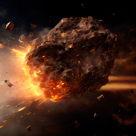 Burning Meteor flying across the universe. Close-up of the flaming meteorite. Generative AIの素材