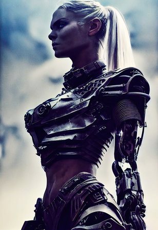 A fictional person, not based on a real person. Portrait of a sci-fi cyberpunk warrior. High-tech futuristic man from the future. The concept of virtual reality and cyberpunk. Generative AI.の素材