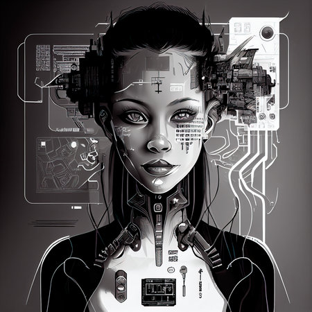 A fictional person, not based on a real person. Portrait of a sci-fi cyberpunk girl. High-tech futuristic woman from the future. The concept of virtual reality and cyberpunk. Generative AI.の素材