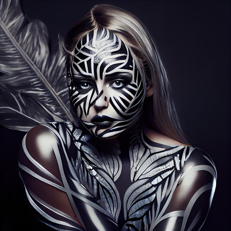 A fictional person, not based on a real person. Abstract portrait of a beautiful fictional girl with beautiful tattoos. Fashionable pretty woman. Creative pretty girl. Generative AIの素材