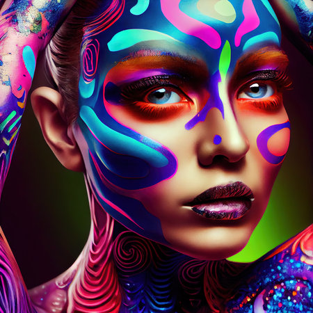 A fictional person, not based on a real person. Abstract portrait of a beautiful fictional girl with beautiful tattoos. Fashionable pretty woman. Creative pretty girl. Generative AIの素材
