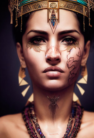 A fictional person, not based on a real person. Portrait of a beautiful priestess. Image of an ancient princess. Generative AIの素材