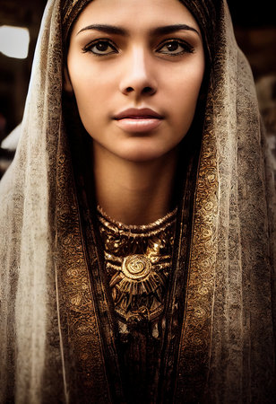 A fictional person, not based on a real person. Portrait of a beautiful priestess. Image of an ancient princess. Generative AIの素材