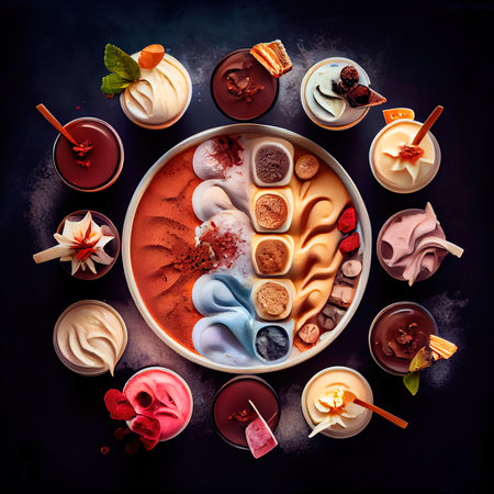 Delicious ice cream in a bowl. An explosion of flavor. Ice cream of different varieties. Generative AIの素材