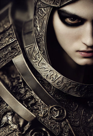 A fictional person, not based on a real person. Portrait of an ancient female warrior in ancient warrior armor. The concept of an ancient brave warrior. Generative AI.の素材