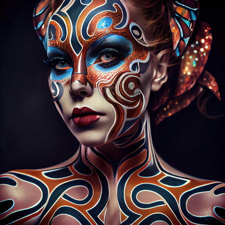 A fictional person, not based on a real person. Abstract portrait of a beautiful fictional girl with beautiful tattoos. Fashionable pretty woman. Creative pretty girl. Generative AIの素材