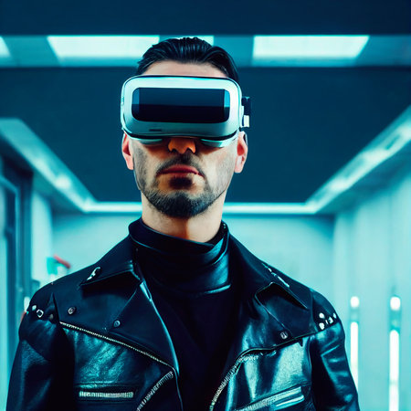 A fictional person, not based on a real person. Portrait of a sci-fi cyberpunk man. High-tech futuristic man from the future. The concept of virtual reality and cyberpunk. Generative AI.の素材