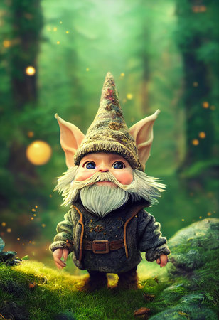 Funny little gnome in a green forest. The concept of fairy tale characters. Generative AI.の素材