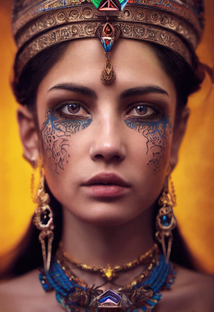 A fictional person, not based on a real person. Portrait of a beautiful priestess. Image of an ancient princess. Generative AIの素材