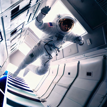 A fictional person, not based on a real person. Portrait of an fictional astronaut in a spacesuit. High-tech astronaut from the future. The concept of space travel. Generative AIの素材