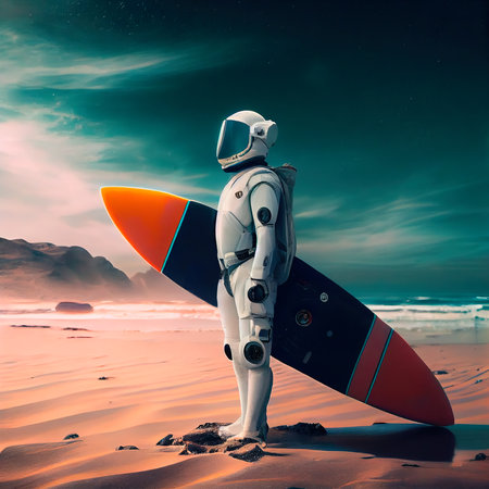 An astronaut with a surfboard. A high-tech astronaut from the future. The concept of space travel. Generative AIの素材