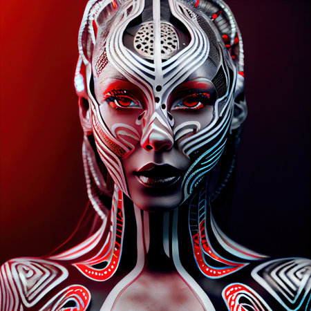 A fictional person, not based on a real person. Abstract portrait of a beautiful fictional girl with beautiful tattoos. Fashionable pretty woman. Creative pretty girl. Generative AIの素材