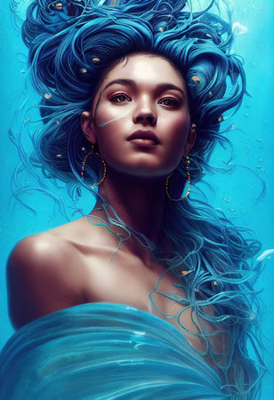 A fictional person, not based on a real person. Abstract portrait of a beautiful fictional girl. Fashionable cute woman. Creative beautiful girl. Generative AIの素材