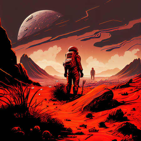 An astronaut on an alien planet. A high-tech astronaut from the future. The concept of space travel. Generative AIの素材