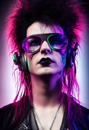 A fictional person, not based on a real person. Portrait of a punk with colored hair. Rock metal musician. Hipster man with punk hair. The concept of a rock musician. Generative AIの素材