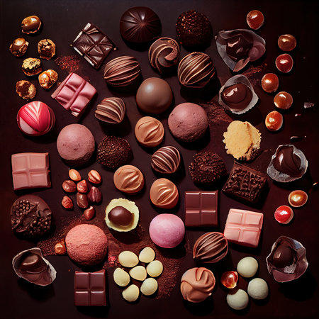 Chocolate candies and goodies. An assortment of delicious candies. Generative AI.の素材