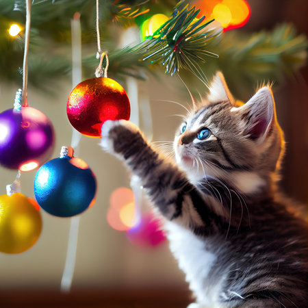 Cute kitten playing with Christmas tree toys. Cute little kitten. Generative AI.の素材