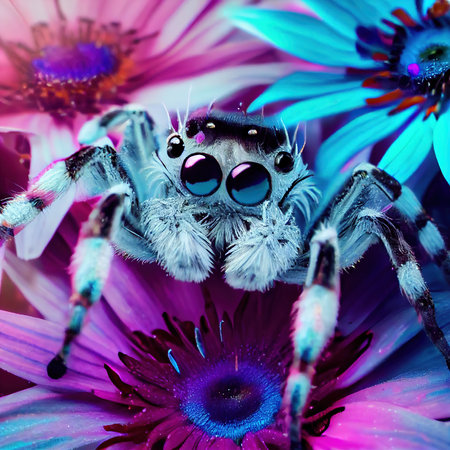 Macro shot of an unusual spider sitting on a flower, close-up. Generative AIの素材