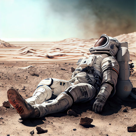 An astronaut on an alien planet. A high-tech astronaut from the future. The concept of space travel. Generative AIの素材