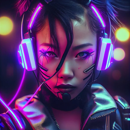 A fictional person, not based on a real person. Portrait of a sci-fi cyberpunk girl. High-tech futuristic woman from the future. The concept of virtual reality and cyberpunk. Generative AI.の素材