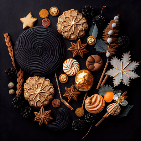 Delicious homemade Christmas cookies and other Christmas treats, close-up view. Generative AIの素材