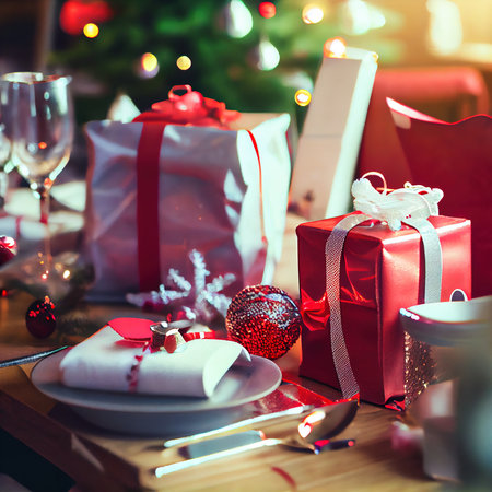Christmas gifts on festive background. Boxes of gifts on the table. Christmas atmosphere. Generative AIの素材