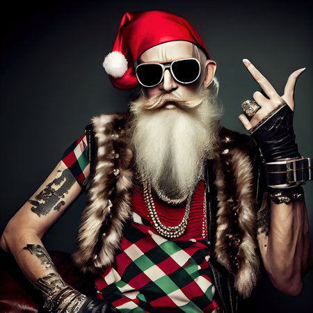 A fictional person, not based on a real person. A quirky old bearded Santa Claus rockenroller. A winter holiday concept. Generative AIの素材
