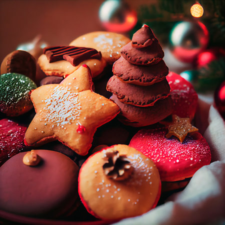 Delicious homemade Christmas cookies and other Christmas treats, close-up view. Generative AIの素材