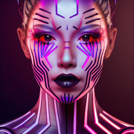 A fictional person, not based on a real person. Abstract portrait of a beautiful fictional girl with beautiful tattoos. Fashionable pretty woman. Creative pretty girl. Generative AIの素材