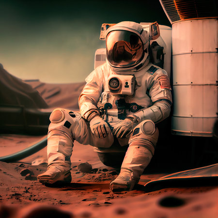 An astronaut on an alien planet. A high-tech astronaut from the future. The concept of space travel. Generative AIの素材