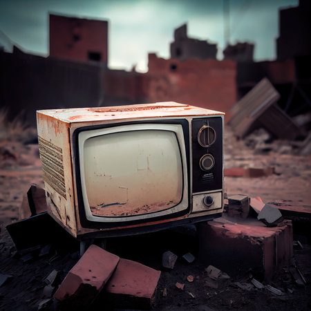 An old TV lying on the ruins of a house. A post-apocalyptic ruined city. Destroyed buildings, mountains of rubble and debris. The concept of the apocalypse. Generative AIの素材